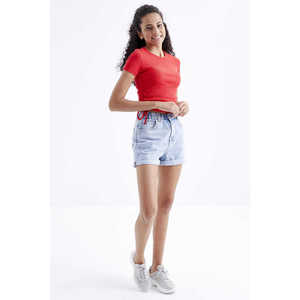 Camiseta Corta de Mujer Tommylife al por Mayor, Color Naranja, Cuello Redondo con Volantes Laterales - 97203 - POMEGRANATE BLOSSOM - Product Image 3