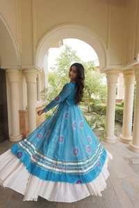 Traditional Indian Pakistani <b>Women's</b> Floor-Length Embroidered Blue <b>Jacket</b> Loose Fit Quick Dry All Season <b>Wedding</b> Lehenga Set - Product Image 6