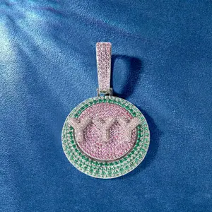 Initiale personnalisée VVS Moissanite médaillon pendentif pavé ensemble de collier de chaîne de rappeur breloque ronde multicolore - Product Image 4