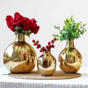 ชุดแจกันดอกไม้โลหะสีทองมันวาว3ชุดภาชนะตกแต่งทรงกลมที่ทันสมัยสำหรับตกแต่งบ้านสำนักงานและโรงแรม - Product Image 1
