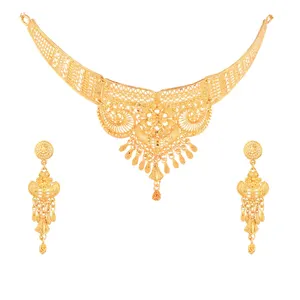 Indian Dubai Style Necklace Set Supplier Gold Plated Floral Coller Choker Bridal Necklace Dangle Earrings Jewellery For Women