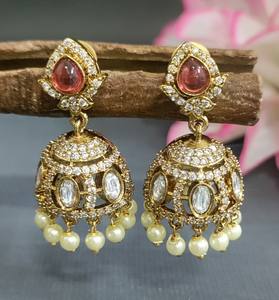 Pendientes colgantes de latón clásicos de moda CZ Ad Moissanite Mehandi Jhumki AE 127 AK/ - Product Image 1
