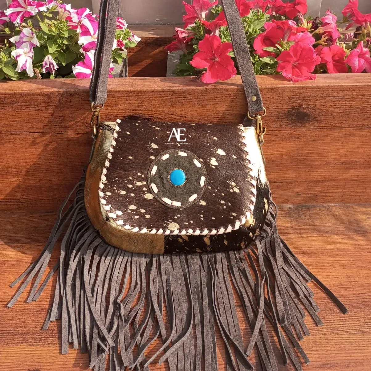 New Hair On Hide Metallic Fur Leather Crossbody Bags Western Style Suede Leather Fringes Middle Stone Sling Purse Women Gifts