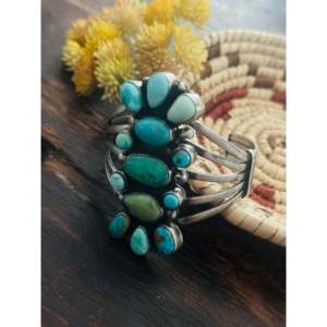 Mark Yazzie Fashion <b>Cuff</b> <b>Bracelet</b> Mixed Turquoise & Sterling <b>Silver</b> Cluster Design - Product Image 4