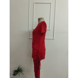 Vestido midi de viscosa de manga corta para mujer con detalles de corte láser en el busto y en las piernas y abertura fruncida profunda, 36601 - Rojo - Product Image 6
