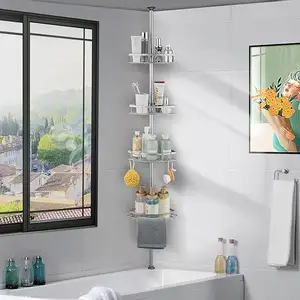 4 Tier Adjustable Shower Caddy Corner Organizer Bathroom Stainless Steel Tension Pole Shower Shelf