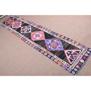2.4x11.8 ft Turkish <b>Runner</b> Rug, Blue <b>Red</b> Vintage Abstract Wool Rug - Product Image 4