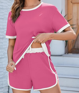 Conjunto de 2 Piezas para Mujer, Camiseta Casual de Manga Corta con Cuello Redondo y Pantalones Cortos con Cordón, Diseño Color Block, Estampado de Personajes, Secado Rápido y Transpirable - Product Image 3