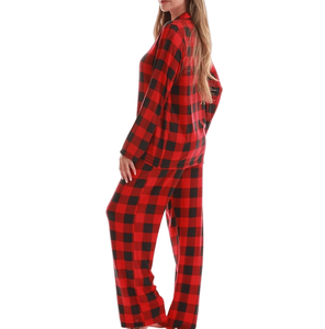 Conjunto de pijama a cuadros para mujer, manga larga, con botones en la parte delantera, ropa de dormir suave y cómoda, conjunto de dos piezas para estar en casa. - Product Image 3