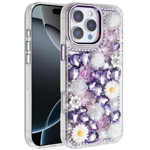 เคส iPhone 17 2025 แบบเต็มตัวประดับกลิตเตอร์เพชรลายดอกไม้สีม่วง - Product Image 1