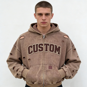 Sudadera con capucha para hombre, estilo casual urbano, venta al por mayor de fábrica, vintage, lavada, rasgada, con apliques de letras y bolsillos grandes - Product Image 6