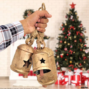 Diseño antiguo Color dorado Metal Festivo Campana de Navidad Color dorado Juego de 3 Diseñador hecho a mano Aspecto atractivo con mango de cuerda - Product Image 3