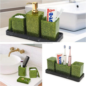 Ensemble d'accessoires de salle de bain en pierre de marbre en résine verte, ensemble de 6 accessoires de bain de luxe comprenant un distributeur de savon, porte-brosse à dents - Product Image 5
