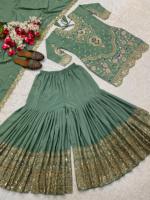 Mariage ethnique indien Kurti Sharara Dupatta Salwar Costume Robe de fête en coton et soie avec broderie fantaisie de créateur.