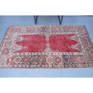 3.7x6.7 ft Area Vintage Turkish Rug, <b>Red</b> Polka dot <b>Wool</b> Rug - Product Image 3