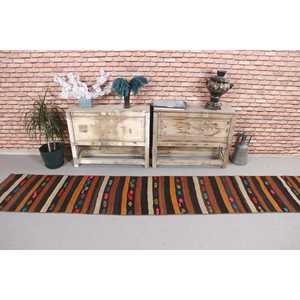Vintage Turkish Rug, 1.8x10.2 ft Kilim Rug, <b>Brown</b> Red Floral <b>Wool</b> Rug - Product Image 2