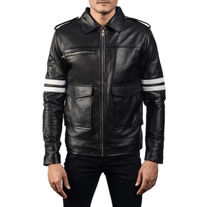 New Arrival Genuine Leather Moto <b>Biker</b> <b>Jacket</b> Turn-Down Collar Zipper Closure Solid Black Slim Fit Autumn Wear Regular Sleeve - Product Image 1