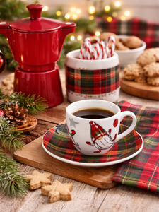 Durable Porcelain Set 6-pcs Round Espresso Coffee Cups with Saucers 9 cl (3 fl oz) Christmas Gnome Design Tartan Gnome Excelsa - Product Image 3