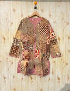 Manteau Kantha en coton fait main pour femmes, veste Patchwork brodée à double boutonnage, tricotée respirante, style vintage - Product Image 1