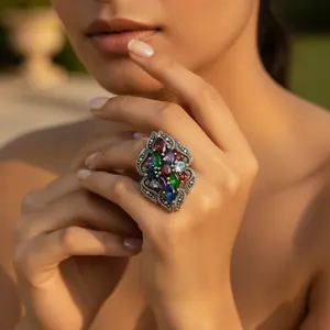 Bague cocktail en argent 925 avec pierres précieuses multiples, ajustable, taille ovale, incrustation, bijoux de déclaration pour femmes, plaqué or, bagues tendance - Product Image 2