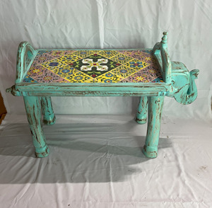 Handcrafted Rajasthani Hand-Painted Wooden Elephant Face Tiles Fitted Antique Finish Nighstand Bedside End Table - Product Image 3