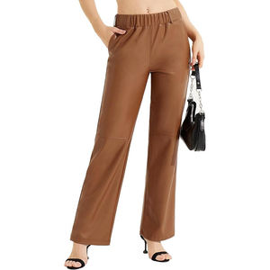 2025 Mejor diseño OEM Monos de cuero para mujer Cintura media Satén Impermeable Recto Pierna ancha Pantalones holgados personalizados con bolsillos - Product Image 1