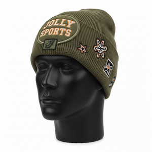 Bonnet en tricot acrylique 350 GSM pour homme, vert olive, logo brodé personnalisé, épais, chaud, extensible, bonnet jacquard d'hiver - Product Image 4