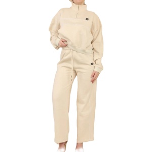 Ensemble jogging en molleton de coton pour femmes, demi-zip, coupe décontractée, poignets élastiques, deux pièces, vêtements de détente, fabricant OEM - Product Image 1