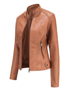 Elegante Slim Fit Transpirable a prueba de viento Cremallera Diseño Forro de algodón ecológico Multi colores Chaqueta de cuero genuino para mujer - Product Image 4