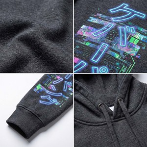 Felpa Cyberpunk Personalizzata all'Ingrosso per Uomo, Vestibilità Regolare, Stampa Grafica Neon Kanji Glitch Art, Streetwear Giapponese, 100% Cotone, Invernale - Product Image 4