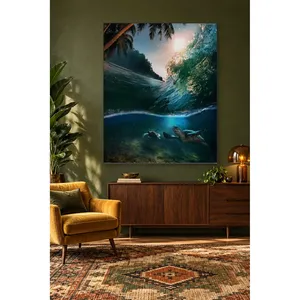 เต่าฟิดาใต้คลื่นหน้าชายหาดที่มีต้นปาล์มรอบข้าง ภาพพิมพ์บนผ้าใบ - Product Image 3