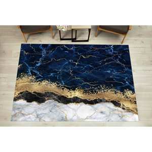 Alfombra Azul Marino con Diseño de Mármol: Alfombra con Detalles Dorados Impresos en 3D, Alfombra Suave No Tejida - Product Image 1