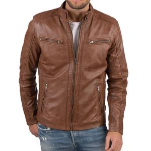 Veste de motard en cuir marron pour homme au design élégant, coupe classique ajustée, fermeture éclair sur le devant, col montant et haute qualité - Product Image 1