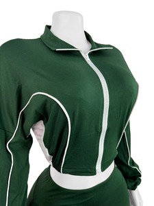Green Contrast Ribbed <b>Zip</b> Up <b>Women</b> Tracksuit Jacket Sportswear <b>Top</b> Casual Two Piece Set - Product Image 2