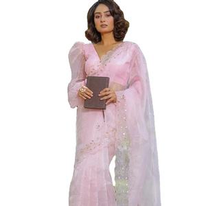 Saree de travail manuel en soie organza pure de créateur par Fab Zone Hand Drawn Printing - Product Image 1