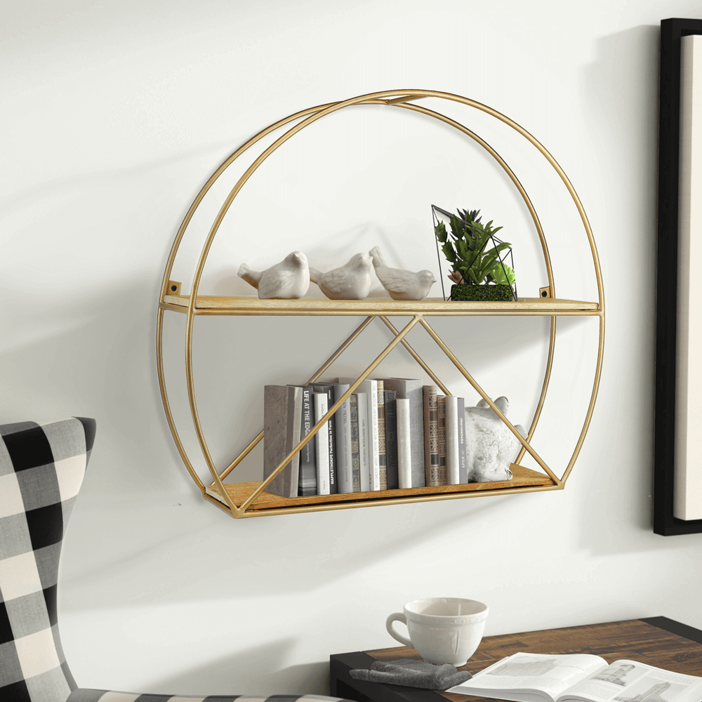 Modern Minimalist Dual Panel Semi-Ring Iron Wall Shelf Hanging Multifunction Golden Wood Bathroom Kitchen Living Room Double by KAJAL INDUSTRIES