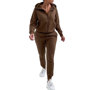 Sudadera con capucha informal de invierno, conjunto de dos piezas, Sudadera con capucha para correr con cremallera polar de peso pesado, chándal de manga larga con logotipo personalizado para mujer - Product Image 1