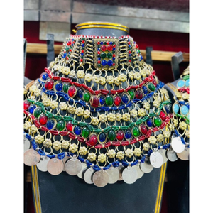 Ensemble de bijoux faits main Kuchi tribal de style afghan pour femmes, vêtements de mariage, collier ras du cou afghan antique avec boucles d'oreilles et ensemble Tikka - Product Image 4