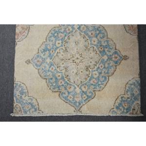 พรมขนสัตว์ลายเย็บปะสีเบจสีฟ้าแบบดั้งเดิม2.7 x 13.7ft สี่เหลี่ยมผืนผ้าตุรกีพรมห้องนั่งเล่นกองตุ๊กตาพรมยางความสูงสำหรับห้อง - Product Image 4