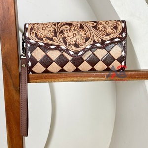 Portefeuille long en cuir véritable à carreaux, style occidental haut de gamme, fait main, avec protection RFID, vente en gros, porte-cartes à poignet pour femme, pochette - Product Image 1