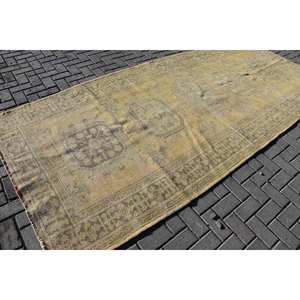 <b>Vintage</b> Wool <b>Rug</b> 4.9 X 11.5ft Classic Yellow Beige Patchwork Design Handmade Plush Pile for Teen for Entryway Hallway Decor - Product Image 2