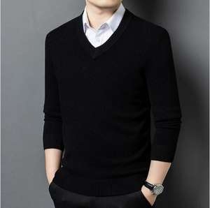 Pull d'hiver pour homme, col en V, chaud, 100% coton, logo frontal, anti-boulochage, épais, personnalisable - Product Image 4