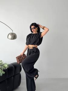 Ensemble deux pièces pour femme, haut sans manches en crêpe avec détail plissé et pantalon taille haute, marron uni, tenue décontractée printemps-été - Product Image 4