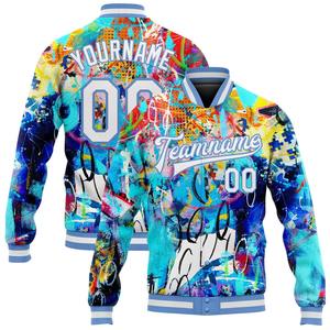 Direct Industry Wholesale Casual Winter Custom Graffiti White-Light Blue Abstract 3D Bomber Full-Snap Varsity Letterman Jacket - Product Image 1