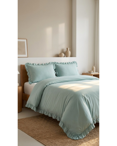 Luxury Solid Sage Green 4pcs <b>Bedding</b> Set Polycotton Duvet Cover Fitted Sheet and Pillowcase <b>Ruffled</b> Design for Home & Hotel Use - Product Image 2