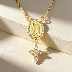 QIKU <span class=keywords><strong>catolicismo</strong></span> Nuestra Señora de Guadalupe Cruz colgante cobre circón oro Color mujeres collar joyería religiosa accesorios regalo - Product Image 1