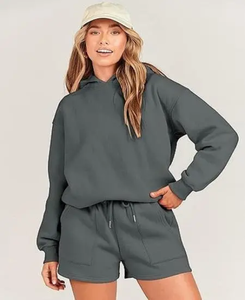 Tenue décontractée 2 pièces pour femmes Sweat à capuche à manches longues et pantalon pour automne hiver haut court de couleur unie - Product Image 2