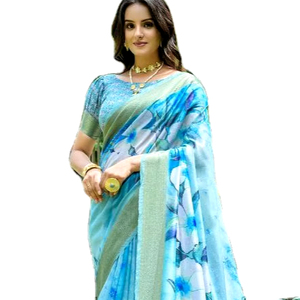 Dernière collection Bonne qualité Soft Mul Linen Cotton Hand Block Imprimé Saree Festive & Function Wear - Product Image 1