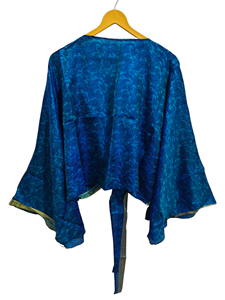 Robe portefeuille courte en soie taille libre Top portefeuille en tissu sari vintage Top bohème à imprimé floral - Product Image 5