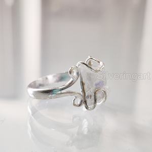 Bijoux en pierre brute Bague pour femme Pierre de lune arc-en-ciel brute naturelle Pierre précieuse Juin Pierre de naissance Hippie Bande de fil Bague en argent sterling 925 - Product Image 3